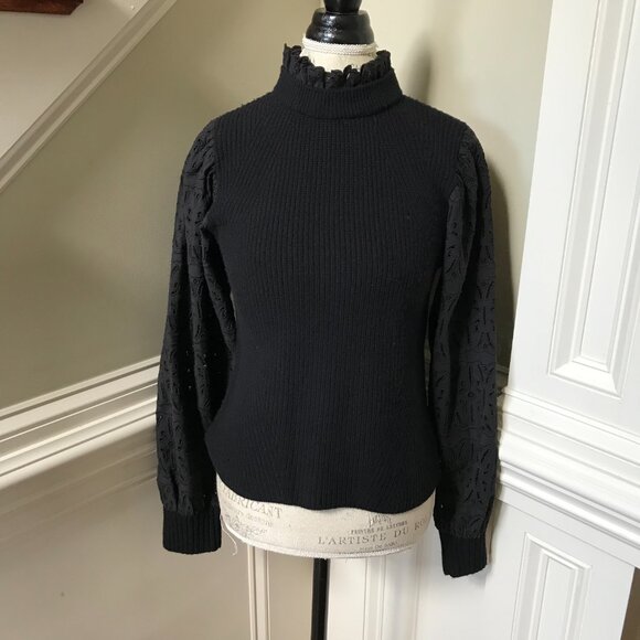 Sea NY Iris Eyelet Sweater Womens Medium Black Long Sleeve Wool Cotton Mock Neck - Picture 4 of 13